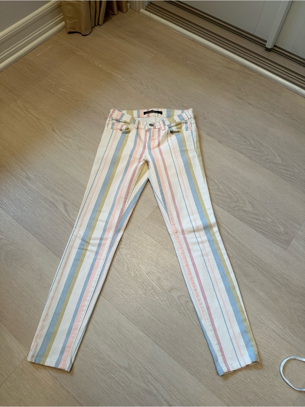J Brand Women's Skinny Jeans in White with Pastel Stripes